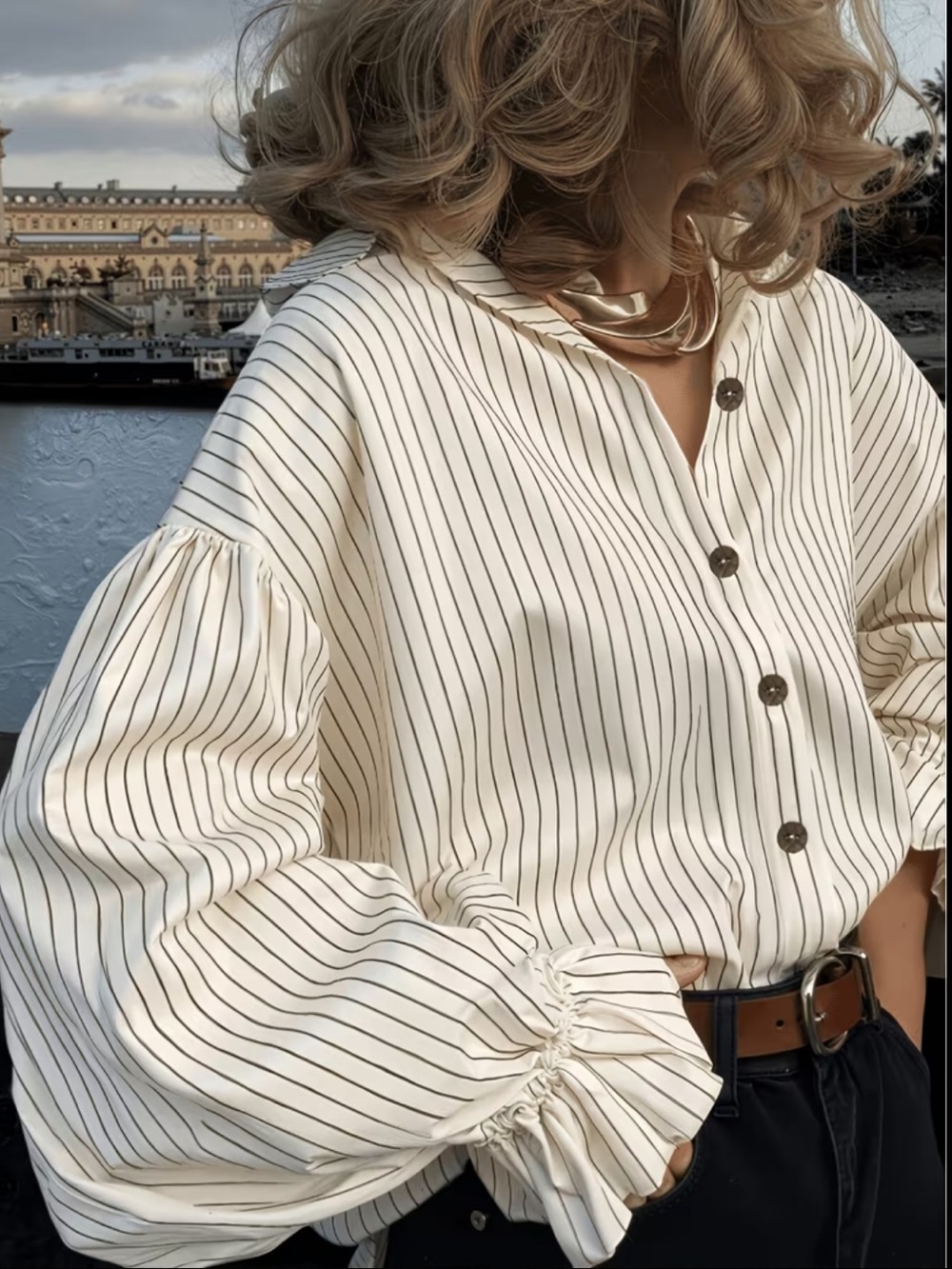 Women's Early Autumn Ruffled Lantern Sleeve Front Button Top, Street Style Outfi